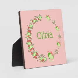 ピンクとグリーンのハート＆バタフライリース テーブルトップ フォトプラーク