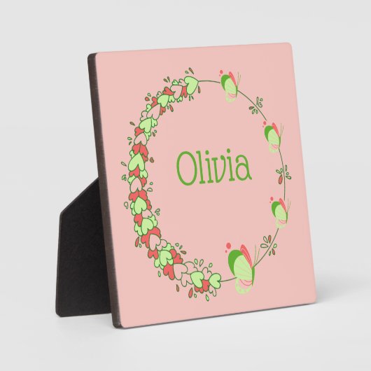 ピンクとグリーンのハート＆バタフライリース テーブルトップ フォトプラーク (正面)