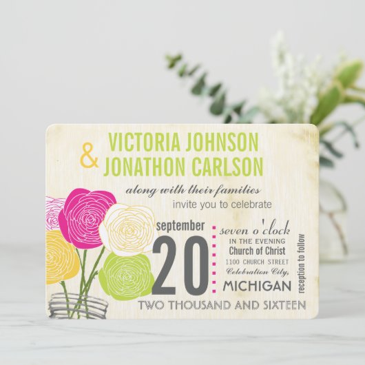 ピンクとグリーンのバラあなたの写真タイポグラフィ 招待状 (スタンド正面)