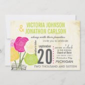 ピンクとグリーンのバラタイポグラフィの写真（背面） 招待状 (正面)