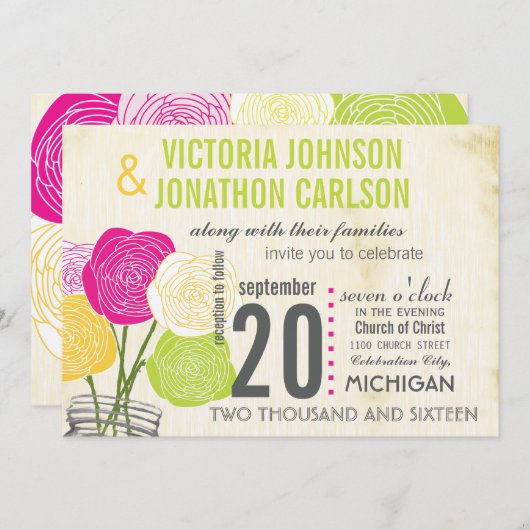 ピンクとグリーンのバラタイポグラフィの写真（背面） 招待状 (正面/裏面)