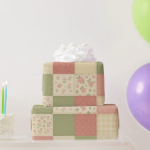 ピンクとグリーンのパッチワークキルト ラスティックファームハウス フラワーデザイン