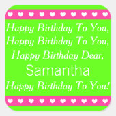 ピンクとグリーンのパーソナライズされた誕生日ソングステッカー スクエアシール (正面)