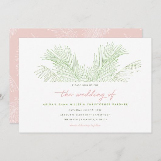 ピンクとグリーンのパーム離れトロピカルビーチ結婚式 招待状 (正面/裏面)