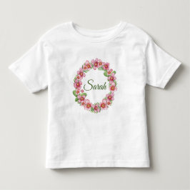 ピンクとグリーンのフラワーリース 名入れ トドラーTシャツ