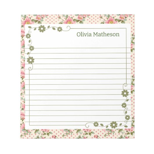 ピンクとグリーンのフローラつる植物縁ど ノートパッド (正面)