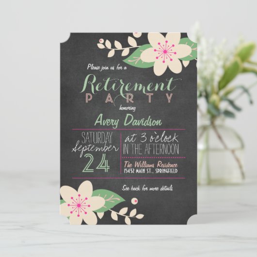 ピンクとグリーンのフローラシャルボード退職パーティー 招待状 (スタンド正面)
