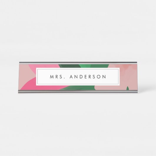 ピンクとグリーンのフローラデスク名プレート デスクネームプレート (正面)