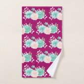 ピンクとグリーンのフローラブーケをマゼンタパターンに バスタオルセット (ハンドタオル)