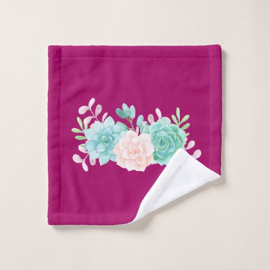 ピンクとグリーンのフローラブーケをマゼンタパターンに バスタオルセット (ウォッシュタオル)
