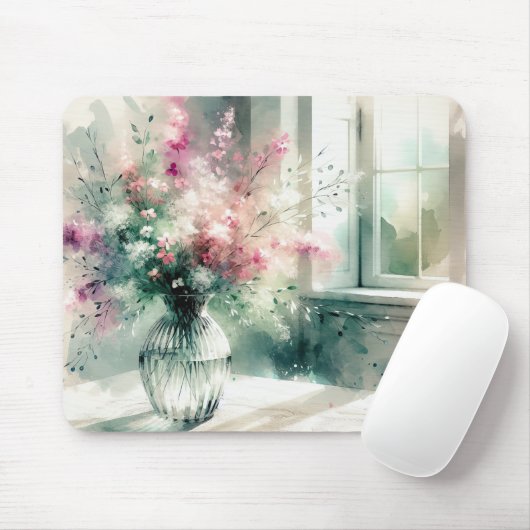 ピンクとグリーンのフローラブーケ マウスパッド (マウス)