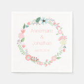 ピンクとグリーンのフローラリースパターン紙ナプキンス スタンダードカクテルナプキン (正面)