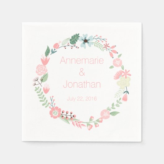 ピンクとグリーンのフローラリースパターン紙ナプキンス スタンダードカクテルナプキン (正面)