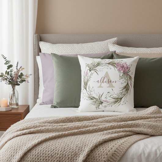 ピンクとグリーンのフローラリース パーソナライズされた クッション