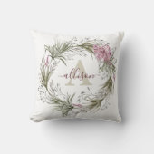 ピンクとグリーンのフローラリース パーソナライズされた クッション (正面)