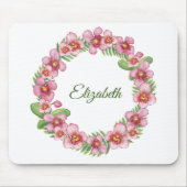 ピンクとグリーンのフローラリース パーソナライズされた マウスパッド (正面)