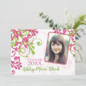 ピンクとグリーンのフローラ写真の卒業招待状 招待状 (スタンド正面)