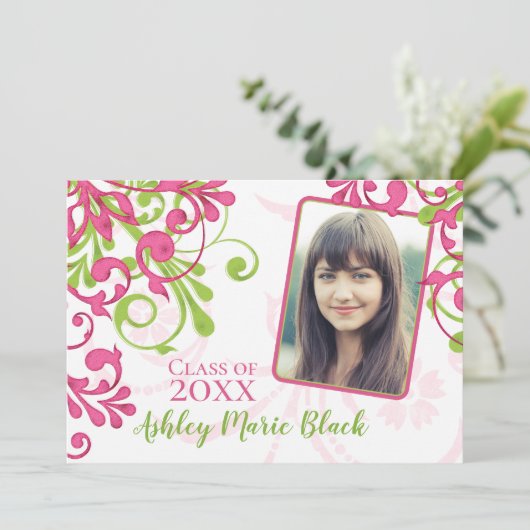 ピンクとグリーンのフローラ写真の卒業招待状 招待状 (スタンド正面)