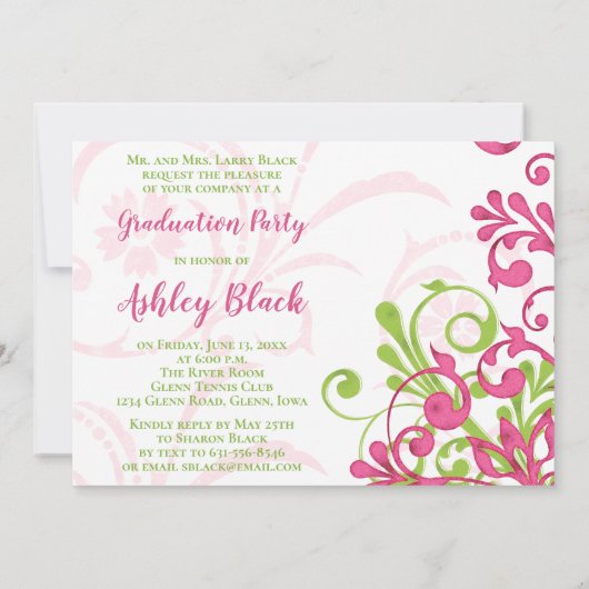 ピンクとグリーンのフローラ写真の卒業招待状 招待状 (裏面)