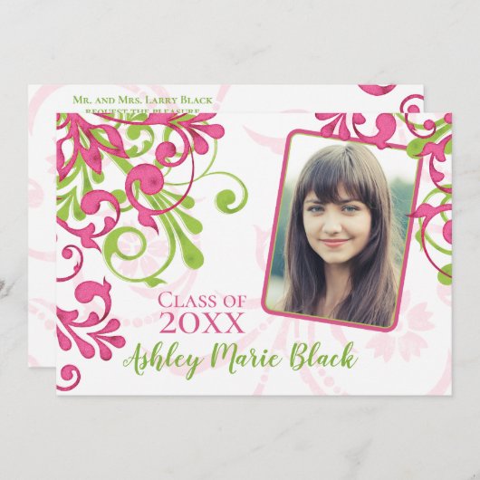 ピンクとグリーンのフローラ写真の卒業招待状 招待状 (正面/裏面)