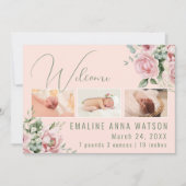 ピンクとグリーンのフローラ写真ベビーのお知らせ 招待状 (正面)