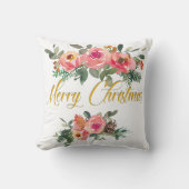 ピンクとグリーンのフローラ名を追加メリークリスマス クッション (正面)