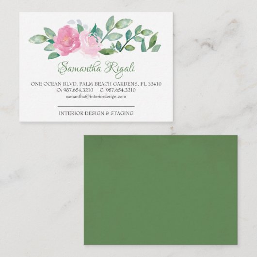 ピンクとグリーンのフローラ名刺 エンクロージャーカード (正面/裏面)