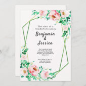 ピンクとグリーンのフローラ幾何学的結婚式招待状 招待状 (正面/裏面)
