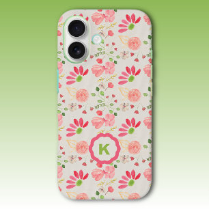 ピンクとグリーンのフローラ植物学モノグラム iPhone 16ケース