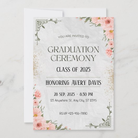 ピンクとグリーンのフローラ水色卒業 招待状 (正面)