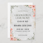 ピンクとグリーンのフローラ水色卒業 招待状 (正面/裏面)