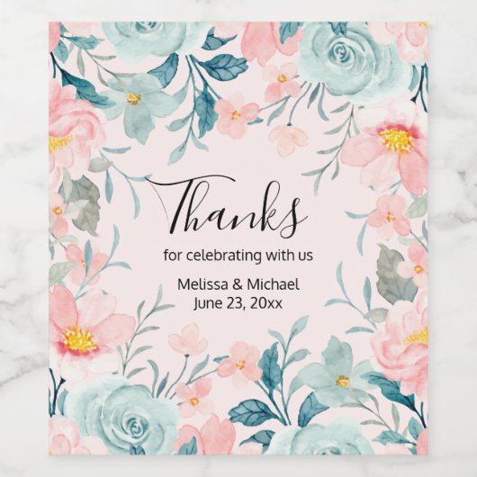 ピンクとグリーンのフローラ結婚フレーム ワインラベル (シングルラベル)