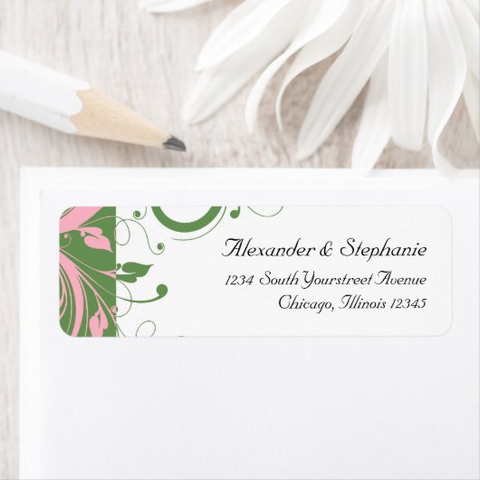 ピンクとグリーンのフローラ結婚渦巻き ラベル (インサイチュ)