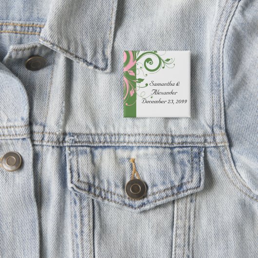 ピンクとグリーンのフローラ結婚渦巻き 缶バッジ (インサイチュ)