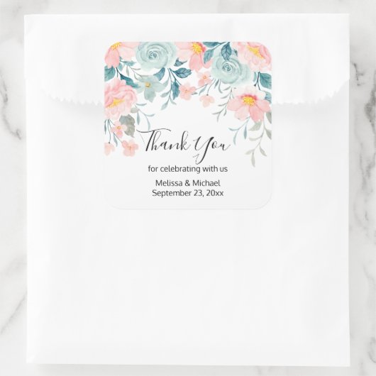 ピンクとグリーンのフローラ縁どお礼 スクエアシール (バッグ)