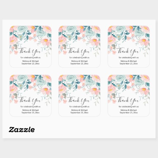 ピンクとグリーンのフローラ縁どお礼 スクエアシール (シート)