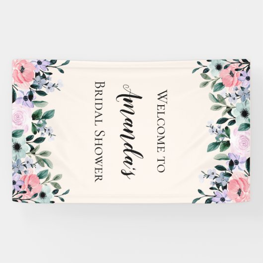 ピンクとグリーンのフローラ縁どブライダルシャワー 横断幕 (横)