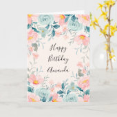 ピンクとグリーンのフローラ縁ど誕生日 カード (黄色い花)