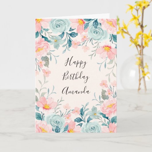ピンクとグリーンのフローラ縁ど誕生日 カード (黄色い花)