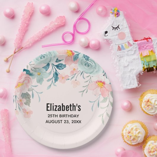 ピンクとグリーンのフローラ縁ど誕生日 ペーパープレート (パーティー)