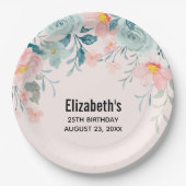 ピンクとグリーンのフローラ縁ど誕生日 ペーパープレート (正面)