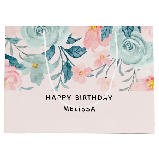 ピンクとグリーンのフローラ縁ど誕生日 ラージペーパーバッグ (正面)