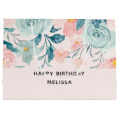 ピンクとグリーンのフローラ縁ど誕生日 ラージペーパーバッグ (裏面)