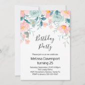 ピンクとグリーンのフローラ縁ど誕生日 招待状 (正面)