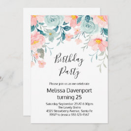 ピンクとグリーンのフローラ縁ど誕生日 招待状
