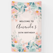 ピンクとグリーンのフローラ縁ど誕生日 横断幕 (縦)