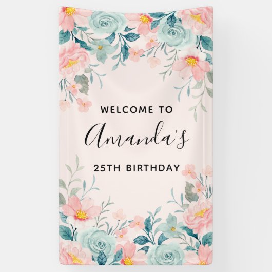 ピンクとグリーンのフローラ縁ど誕生日 横断幕 (縦)