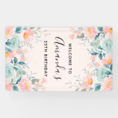 ピンクとグリーンのフローラ縁ど誕生日 横断幕 (横)