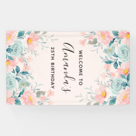 ピンクとグリーンのフローラ縁ど誕生日 横断幕