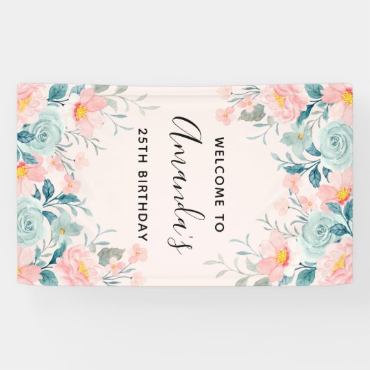 ピンクとグリーンのフローラ縁ど誕生日 横断幕 (横)